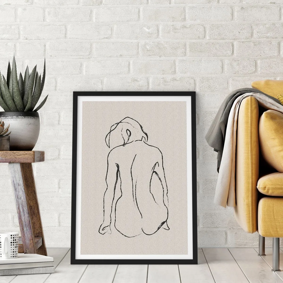 Plakát v černém rámu - Minimalistická skica nahé ženy sedící pozpátku. - 50x70cm - Dívčí akt - Moderní nástěnná dekorace do obývacího pokoje a ložnice ARTTOR
