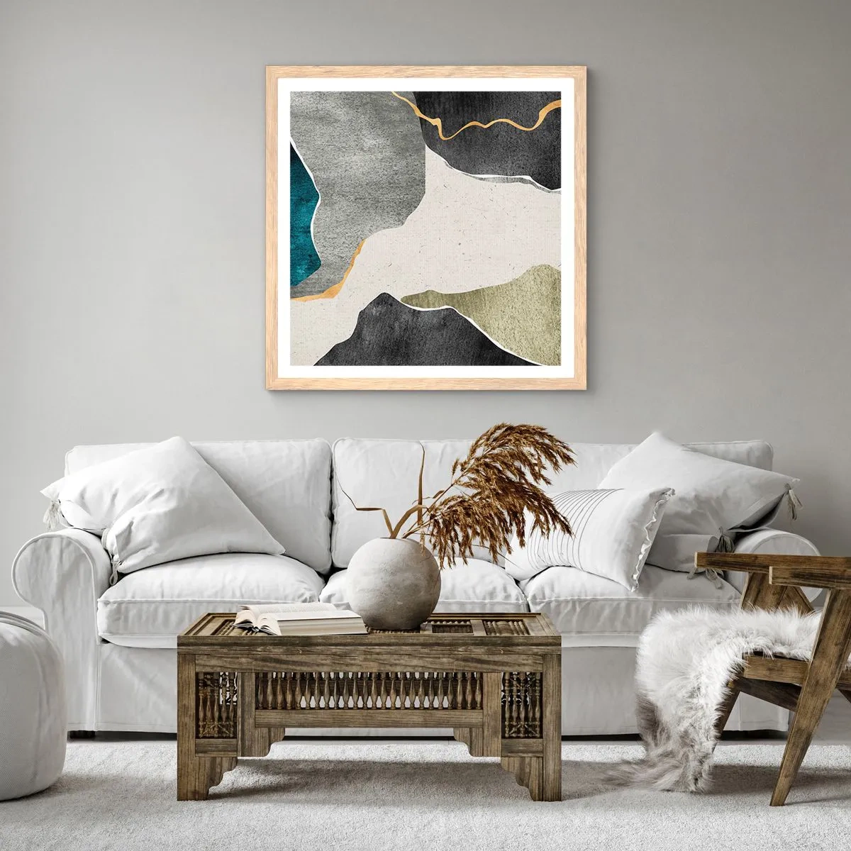 Plakát v rámu světlý dub - Mozaiková kompozice se zlatou nití - 40x40 cm