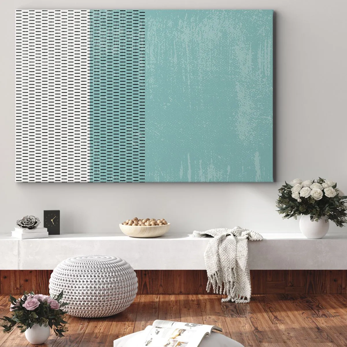 Obraz na plátně - Geometrická kompozice s tyrkysovou a liniemi - 70x50cm - Vyvážená kompozice - Moderní nástěnná dekorace do obývacího pokoje a ložnice ARTTOR