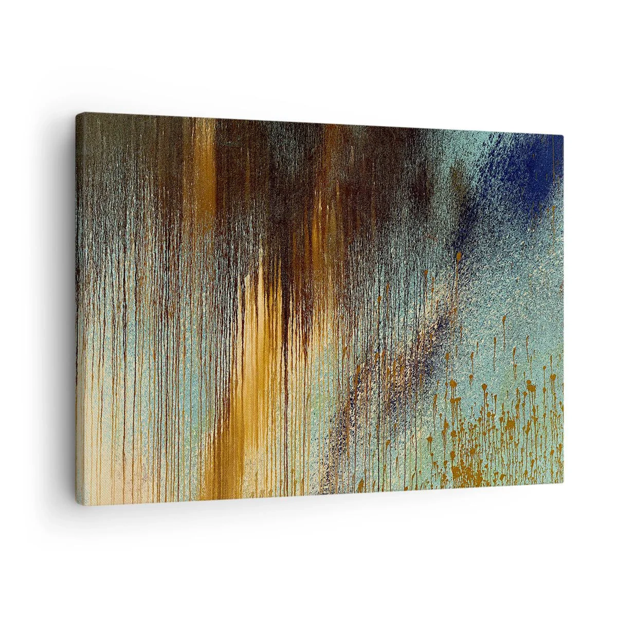 Obraz na plátně - Abstraktní kompozice barev v odstínech zlaté, hnědé a modré. - 70x50cm - Nenáhodná barevná kompozice - Moderní nástěnná dekorace do obývacího pokoje a ložnice ARTTOR