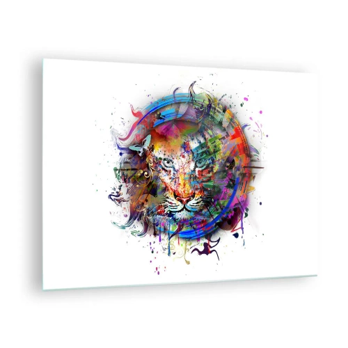Obraz na skle - Barevný portrét lva v uměleckém stylu s abstraktními akcenty - 70x50cm - Skrývá se za duhovým závojem - Moderní nástěnná dekorace do obývacího pokoje a ložnice ARTTOR