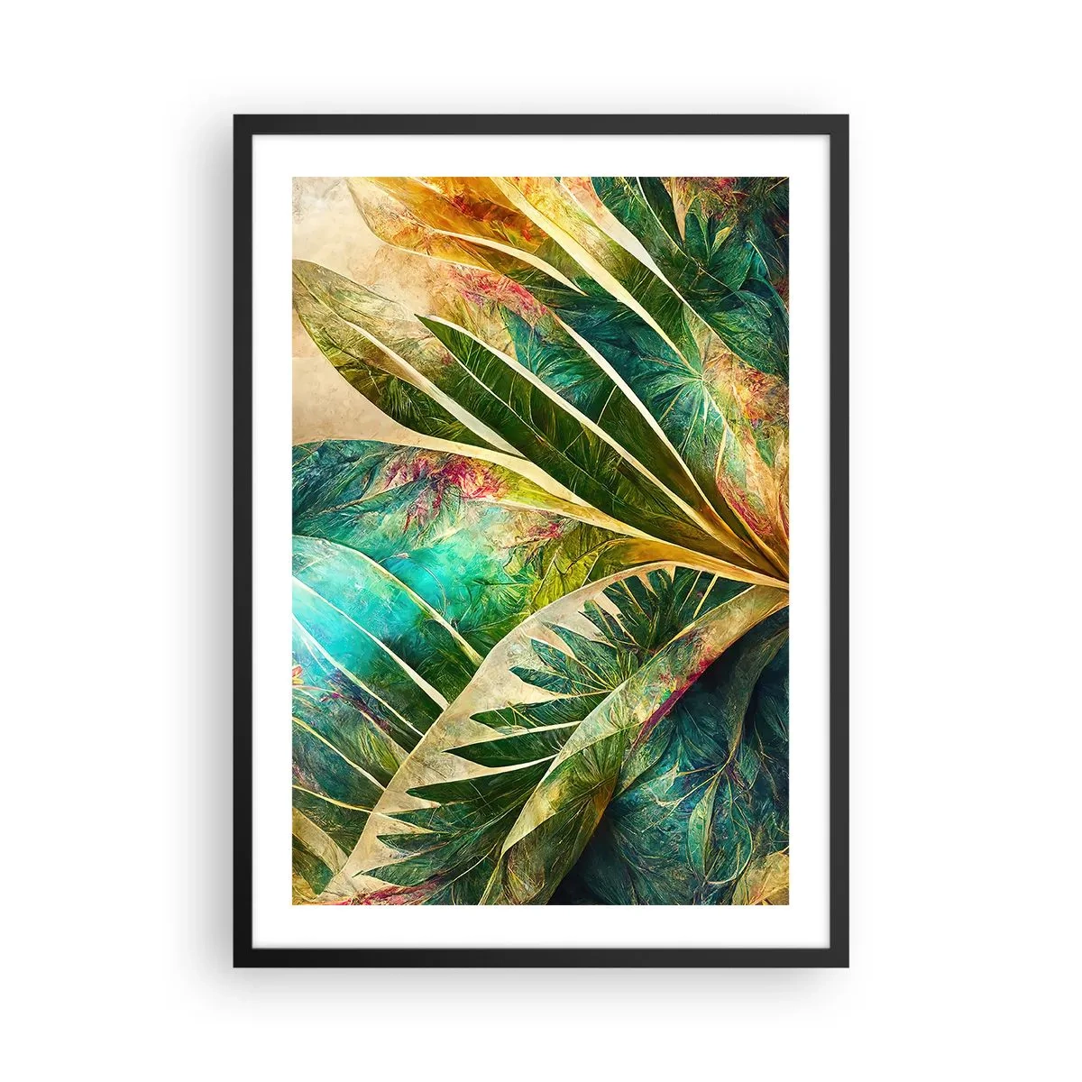 Plakát v černém rámu - Listová kompozice v zelených a zlatých tónech - 50x70cm - Barvy tropů - Moderní nástěnná dekorace do obývacího pokoje a ložnice ARTTOR