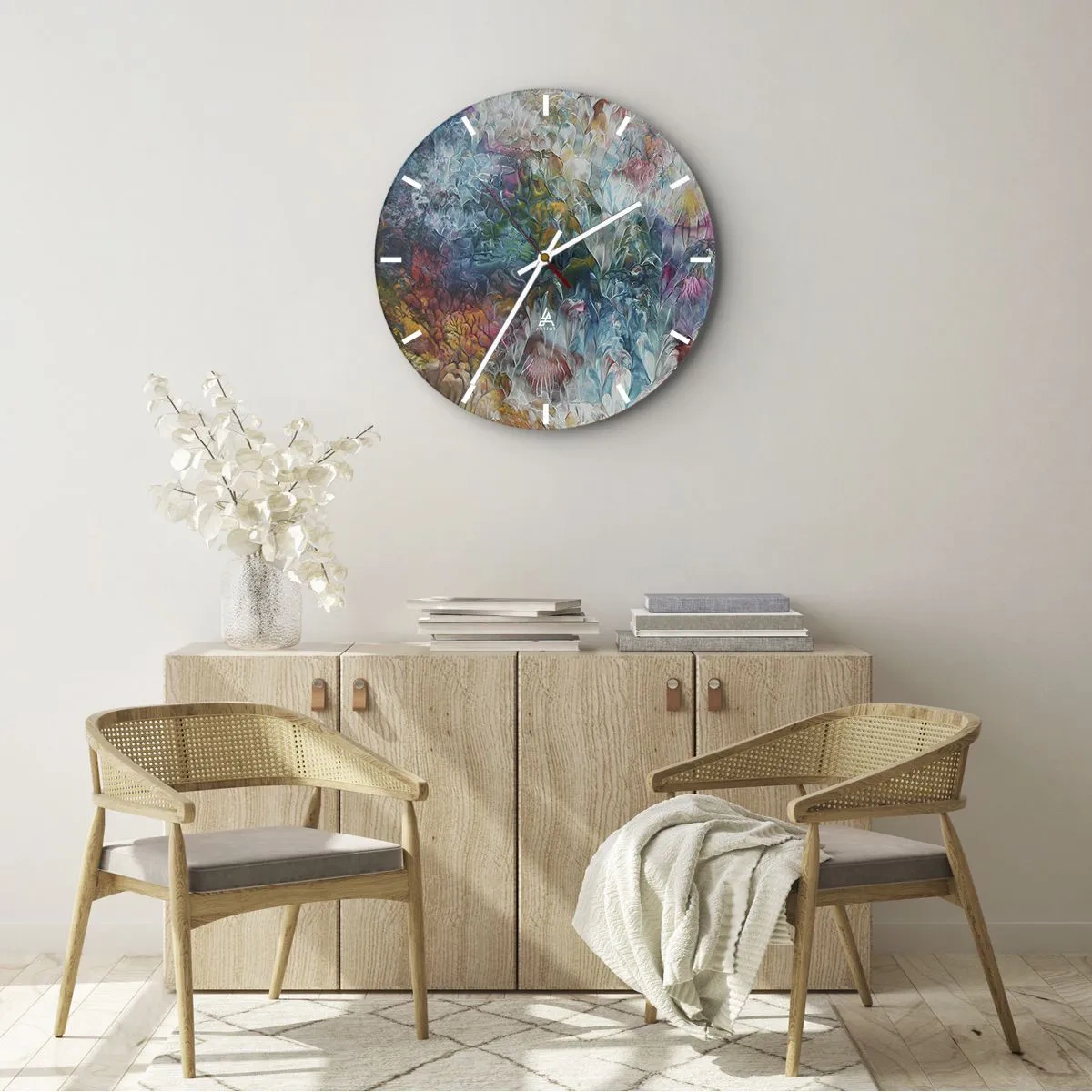 Nástěnné hodiny - Barevná kompozice připomínající abstraktní květiny - 30x30cm - V plném rozkvětu - Moderní nástěnná dekorace do obývacího pokoje, kuchyně a ložnice ARTTOR