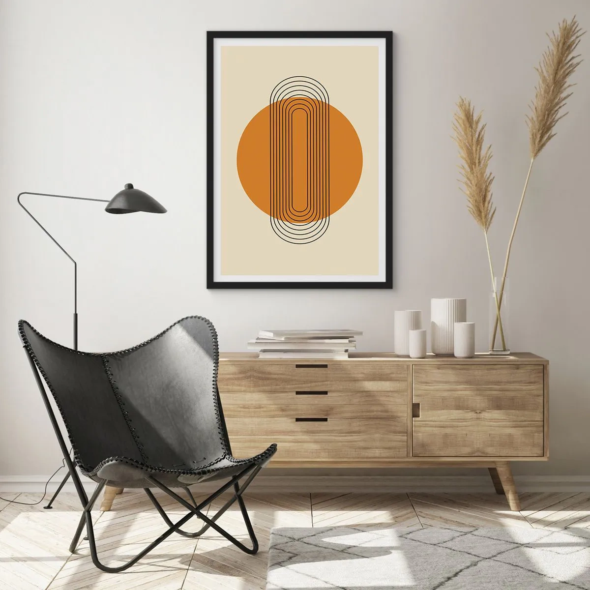 Plakát v černém rámu - Geometrický vzor s oranžovými kruhy a čarami - 50x70cm - Dokonalý plán - Moderní nástěnná dekorace do obývacího pokoje a ložnice ARTTOR