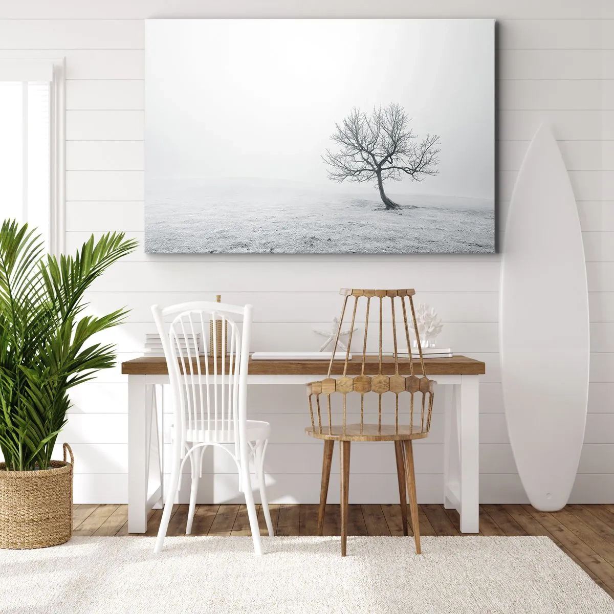 Obraz na plátně - Osamělý strom v zimní mlze na prázdném poli - 70x50cm - Proti nicotě - Moderní nástěnná dekorace do obývacího pokoje a ložnice ARTTOR