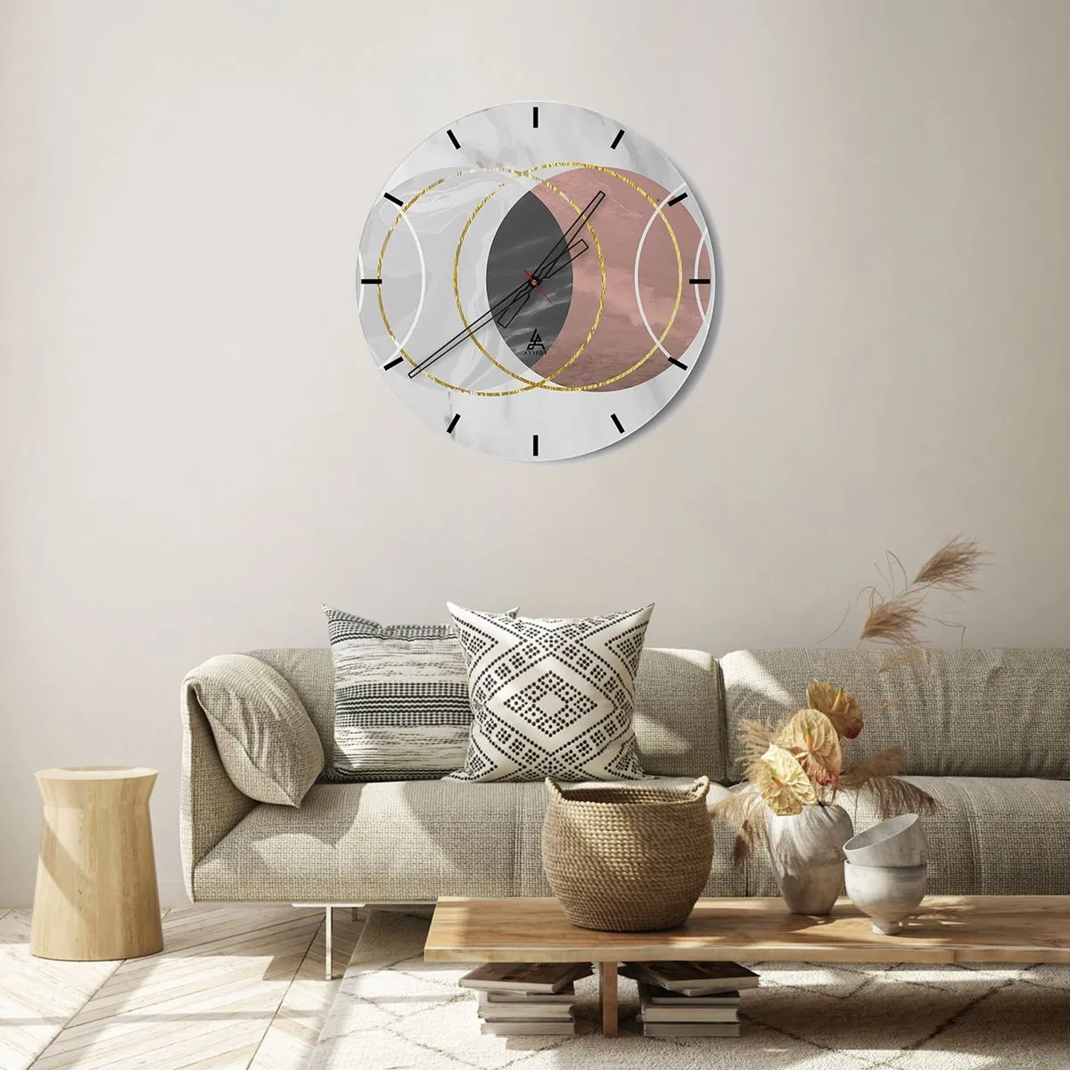 Nástěnné hodiny - Geometrické kruhy v odstínech šedé a mědi se zlatými akcenty - 30x30cm - Hudba sfér - Moderní nástěnná dekorace do obývacího pokoje, kuchyně a ložnice ARTTOR