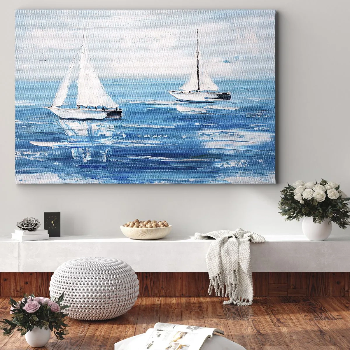Obraz na plátně - Jachty na modrém moři v uměleckém stylu - 70x50cm - S přítelem po boku - Moderní nástěnná dekorace do obývacího pokoje a ložnice ARTTOR