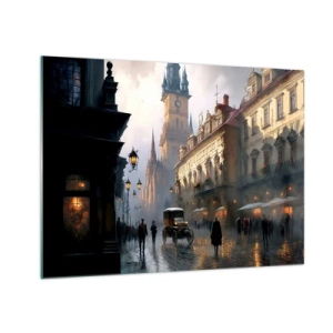 Obraz na skle - Historická ulice osvětlená lucernami za soumraku - 70x50cm - Kouzlo pražského večera - Moderní nástěnná dekorace do obývacího pokoje a ložnice ARTTOR