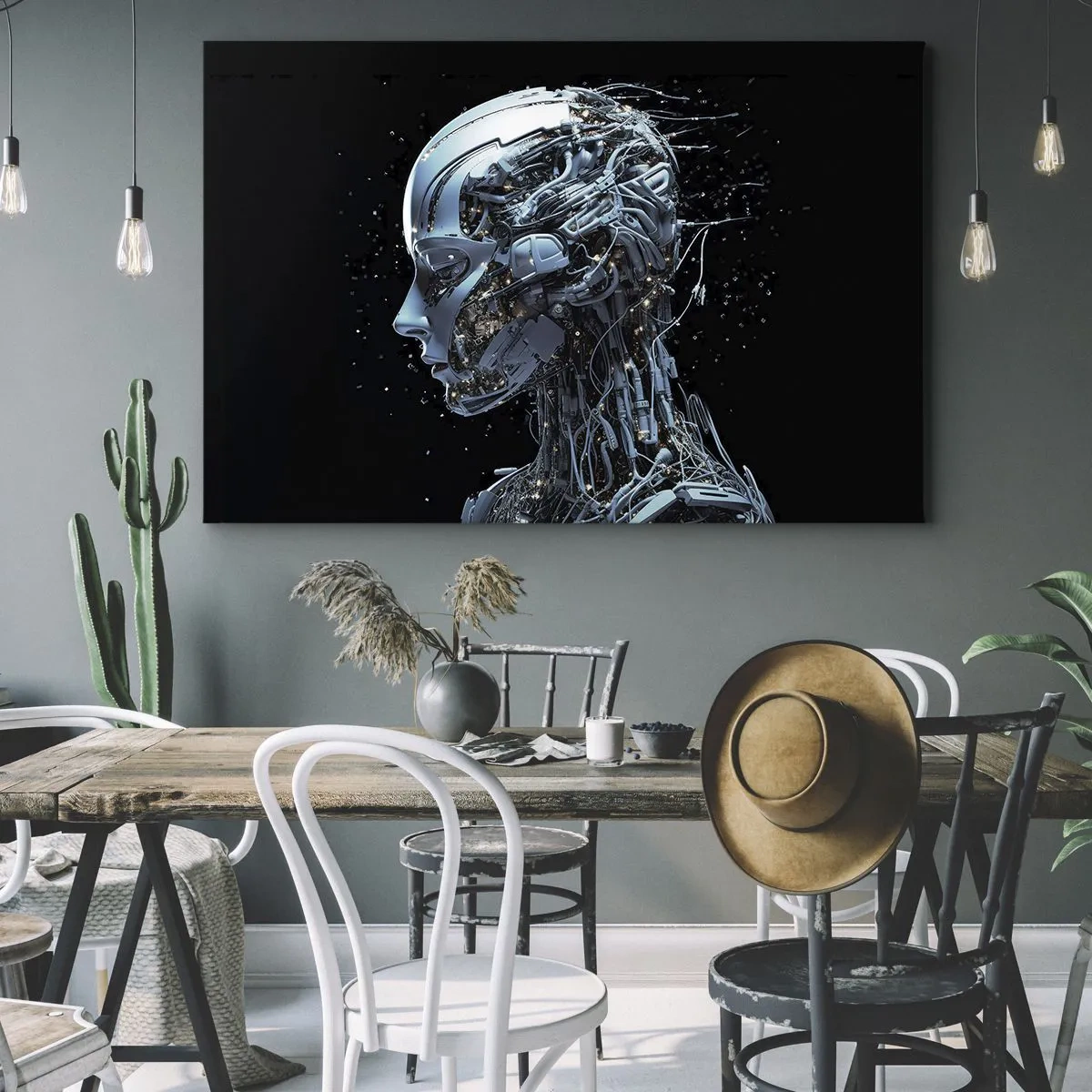 Obraz na plátně - Futuristický portrét kyborga v industriálním stylu na černém pozadí. - 70x50cm - Technologie je žena - Moderní nástěnná dekorace do obývacího pokoje a ložnice ARTTOR