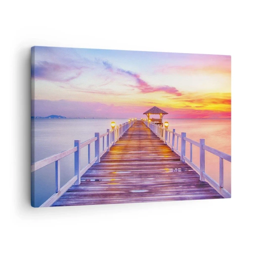 Obraz na plátně - Molo nad vodou při západu slunce v pastelových barvách - 70x50cm - Liliově-zlaté ticho večera - Moderní nástěnná dekorace do obývacího pokoje a ložnice ARTTOR