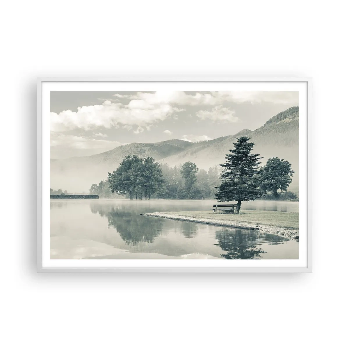 Plakát v bílém rámu - Jezero ještě spí - 100x70 cm