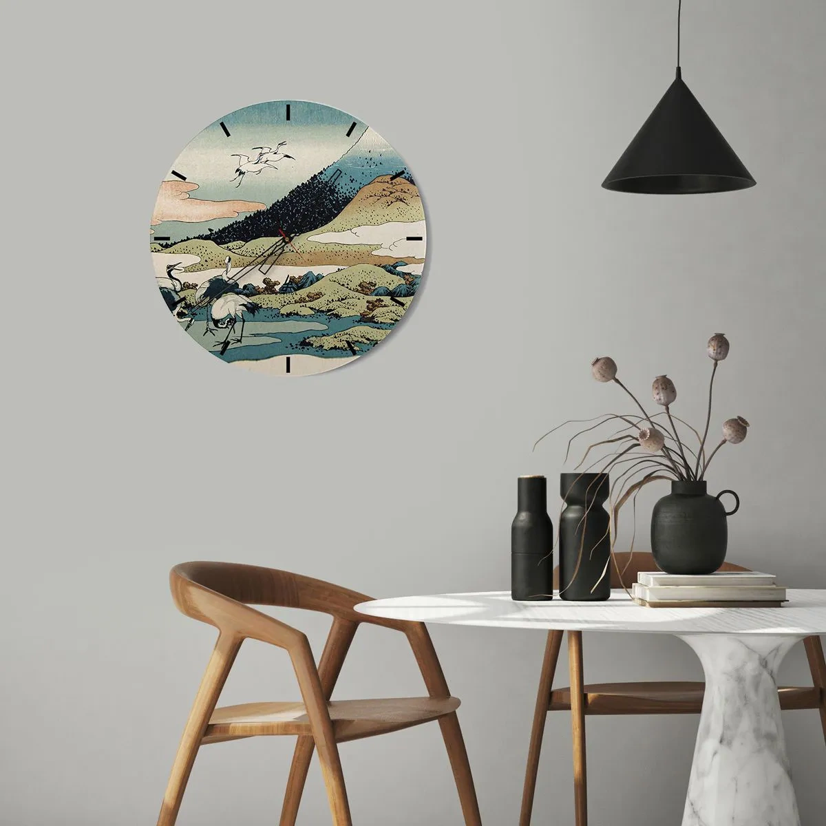Nástěnné hodiny - Japonská scéna s ptáky na pozadí horské krajiny - 30x30cm - V japonském duchu - Moderní nástěnná dekorace do obývacího pokoje, kuchyně a ložnice ARTTOR