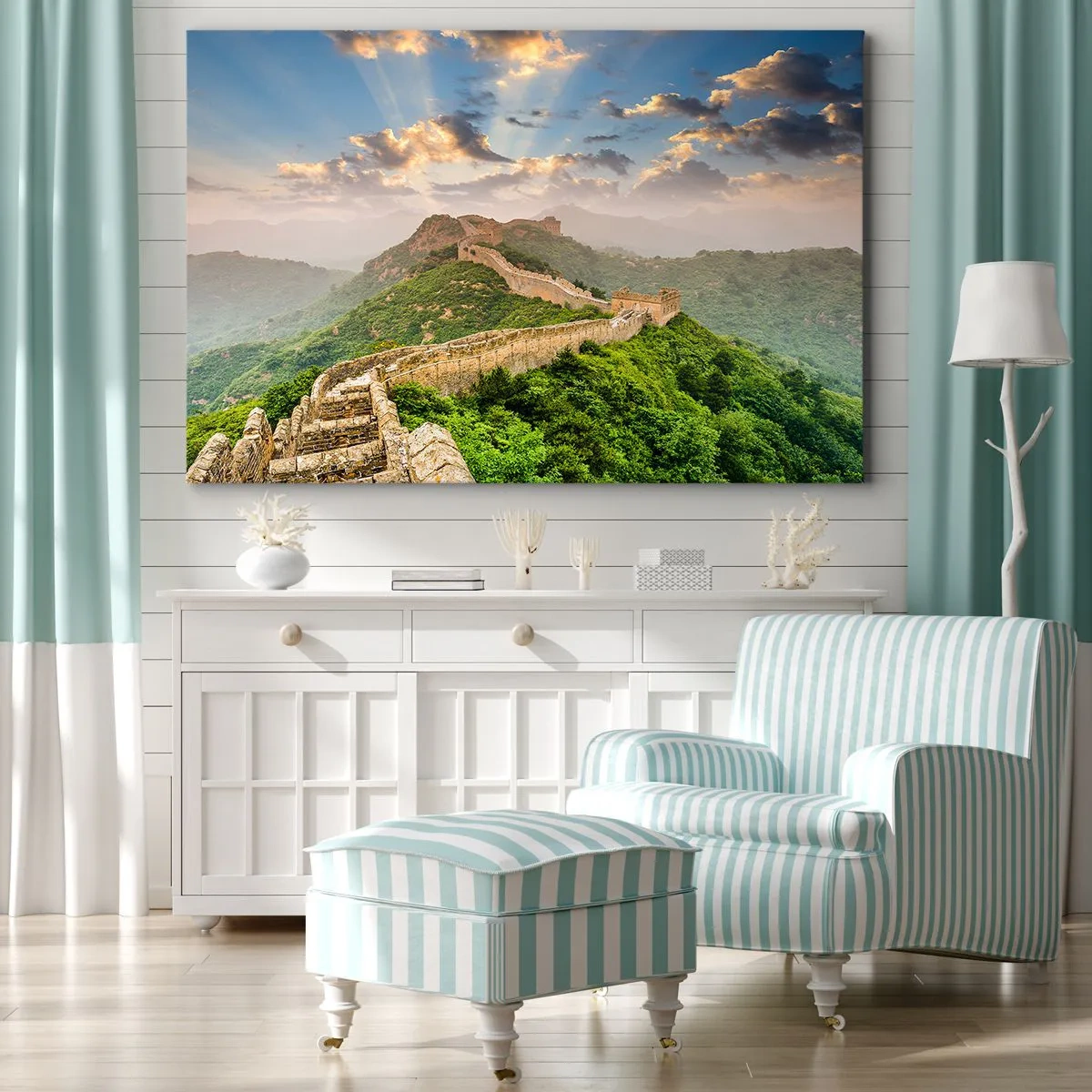 Obraz na plátně - Velká čínská zeď osvětlená slunečním světlem v malebné krajině - 70x50cm - Nepomíjející velikost - Moderní nástěnná dekorace do obývacího pokoje a ložnice ARTTOR