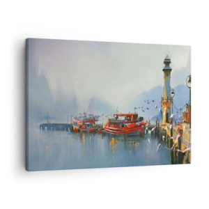 Obraz na plátně - Přístav s červenými loděmi obklopený mlhavou krajinou - 70x50cm - Na konci světa - Moderní nástěnná dekorace do obývacího pokoje a ložnice ARTTOR