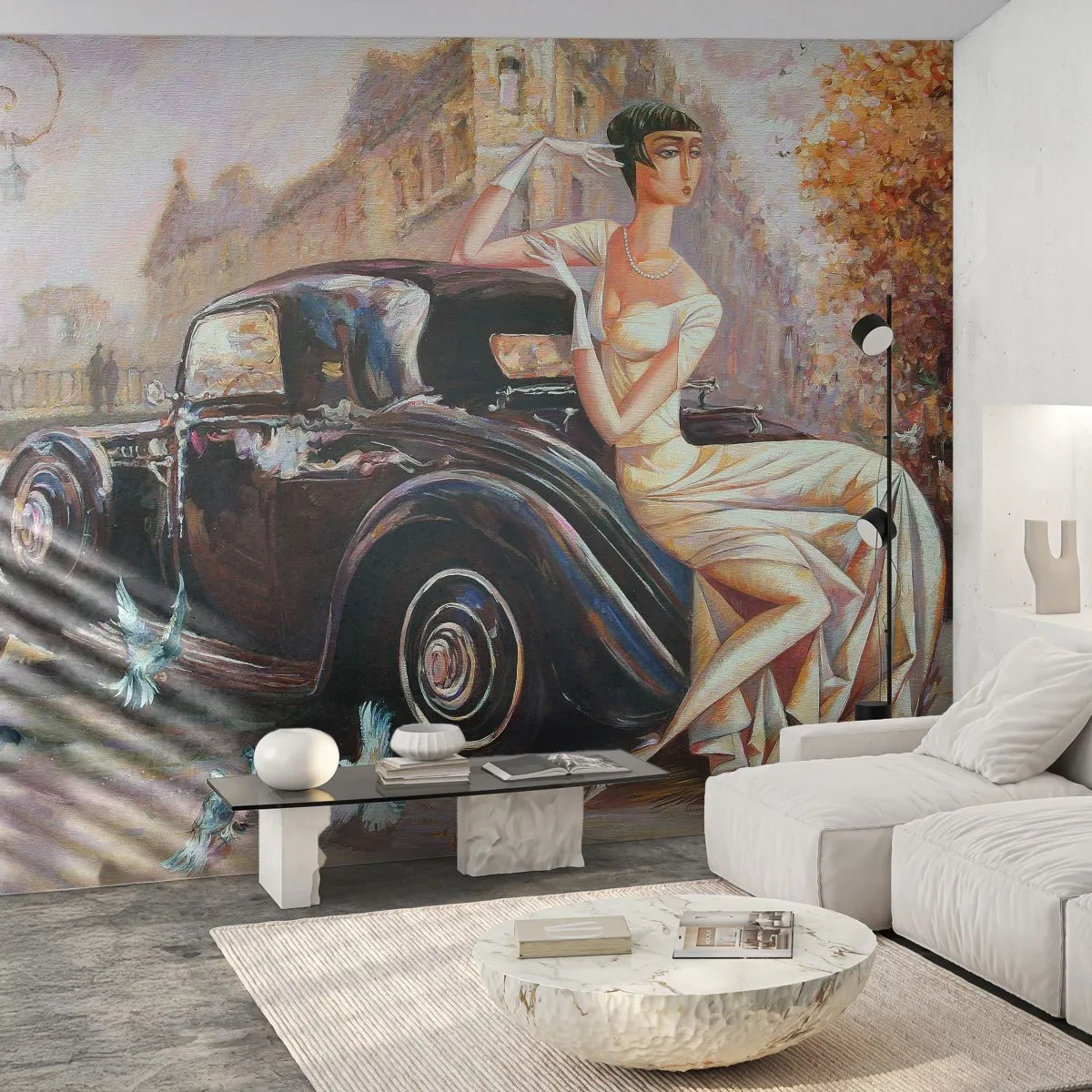 Fototapeta Samolepicí Deluxe Sticker - Elegance v retro stylu - Retro auto, Žena, Palác - 250x175 cm
