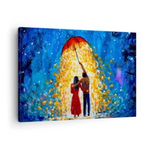 Obraz na plátně - Pár pod červeným deštníkem v zářícím dešti - 70x50cm - Magie deštivého večera? - Moderní nástěnná dekorace do obývacího pokoje a ložnice ARTTOR