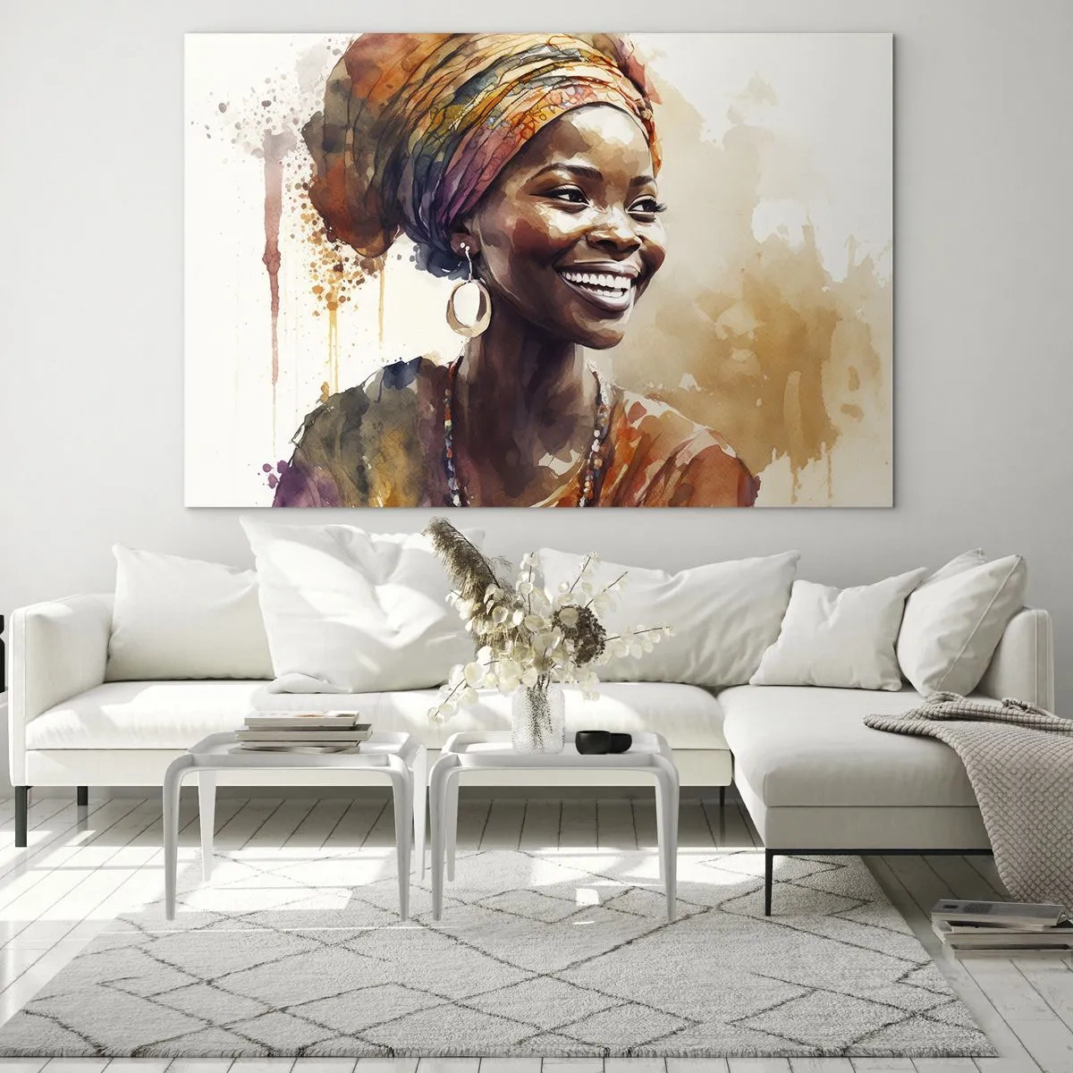 Obraz na skle - Akvarelový portrét usmívající se ženy v turbanu - 70x50cm - Africká královna - Moderní nástěnná dekorace do obývacího pokoje a ložnice ARTTOR