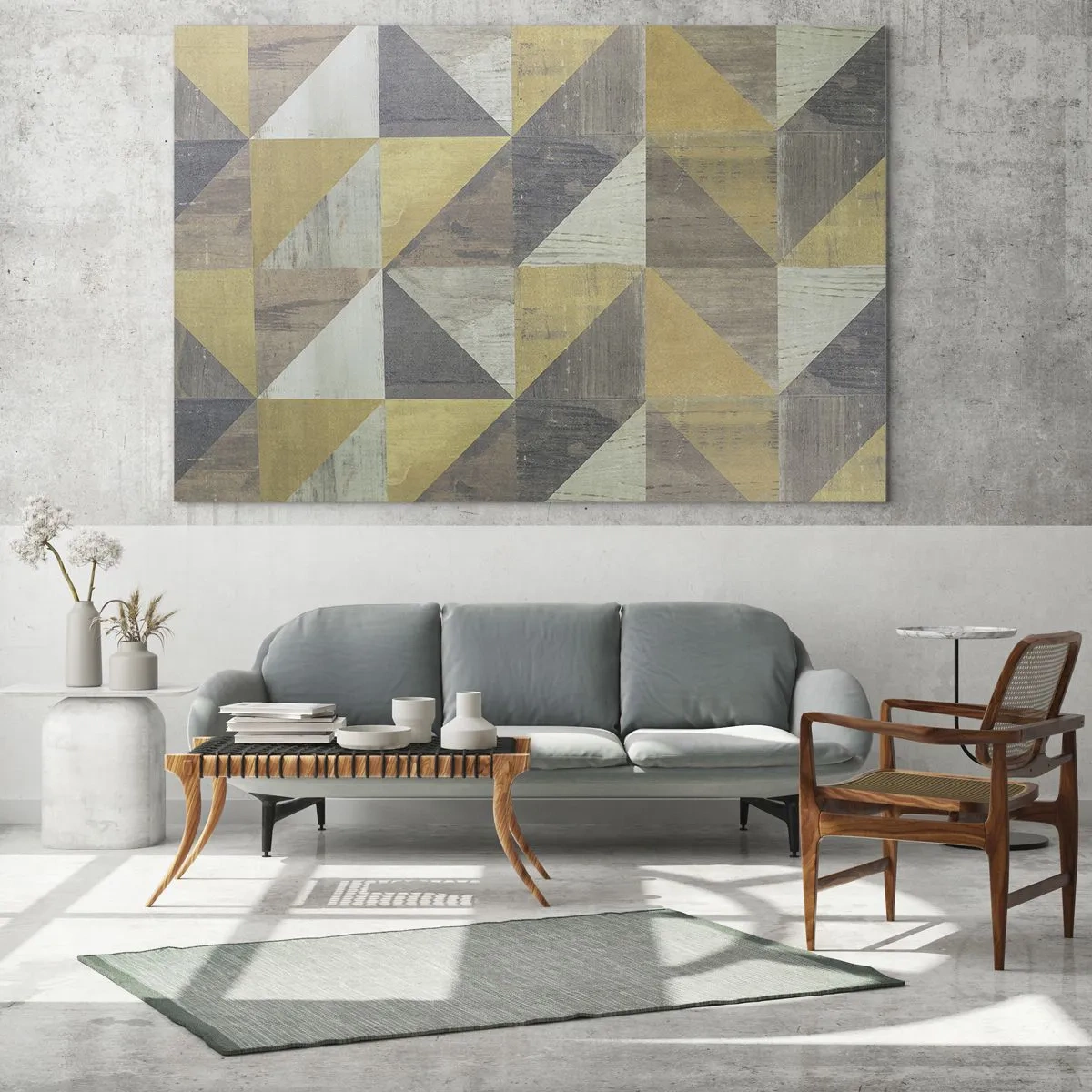 Obraz na skle - Geometrický vzor trojúhelníků v tlumených barvách - 70x50cm - V úhlu trojúhelníku - Moderní nástěnná dekorace do obývacího pokoje a ložnice ARTTOR