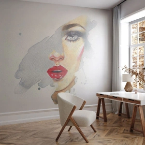 Fototapeta Standard Eco - Odraz v kapce vody - ženská tvář, Žena, červené rty - 500x350 cm