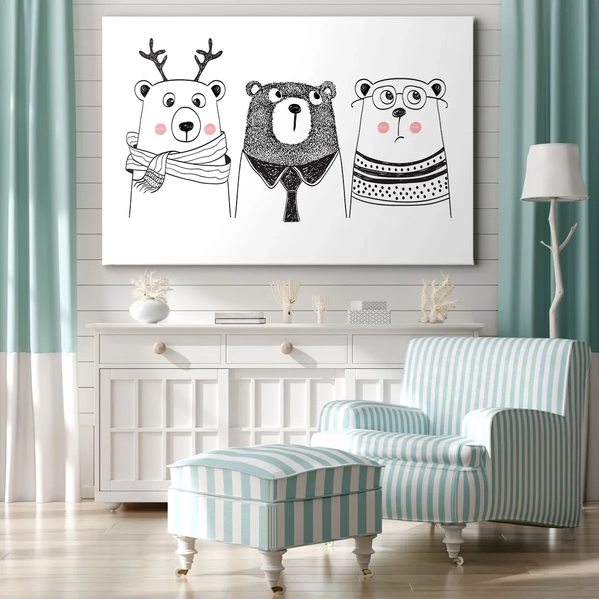 Obraz na plátně - Tři legrační medvědi v minimalistickém stylu - 70x50cm - Medvěd, medvídek a méďa - Moderní nástěnná dekorace do obývacího pokoje a ložnice ARTTOR