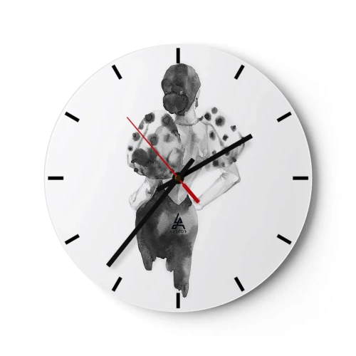 Nástěnné hodiny - Černobílá ilustrace ženy v elegantních šatech - 30x30cm - Prošla kolem - Moderní nástěnná dekorace do obývacího pokoje, kuchyně a ložnice ARTTOR