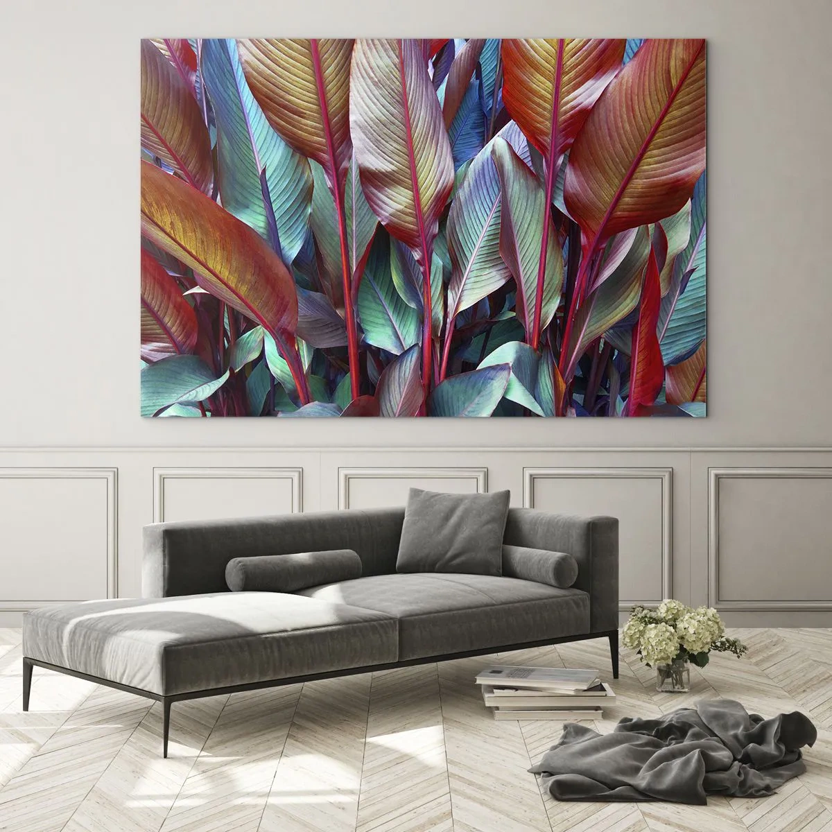 Obraz na skle - Barevná houština listí v odstínech červené, zelené a fialové - 70x50cm - Barevná houština - Moderní nástěnná dekorace do obývacího pokoje a ložnice ARTTOR