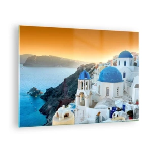 Obraz na skle - Pohled na Santorini s modrými kopulemi a útesy - 70x50cm - Santorini - přitulené ke skalám - Moderní nástěnná dekorace do obývacího pokoje a ložnice ARTTOR