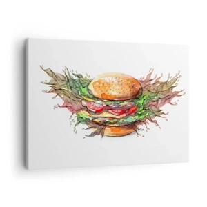 Obraz na plátně - Umělecká ilustrace burgeru s dynamickými prvky - 70x50cm - Žhavé pokušení - Moderní nástěnná dekorace do obývacího pokoje a ložnice ARTTOR