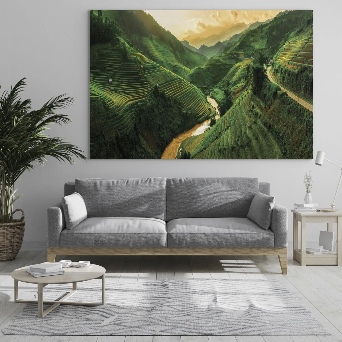 Obraz na skle - Malebné rýžové terasy v údolí při západu slunce - 70x50cm - Vietnamské údolí - Moderní nástěnná dekorace do obývacího pokoje a ložnice ARTTOR