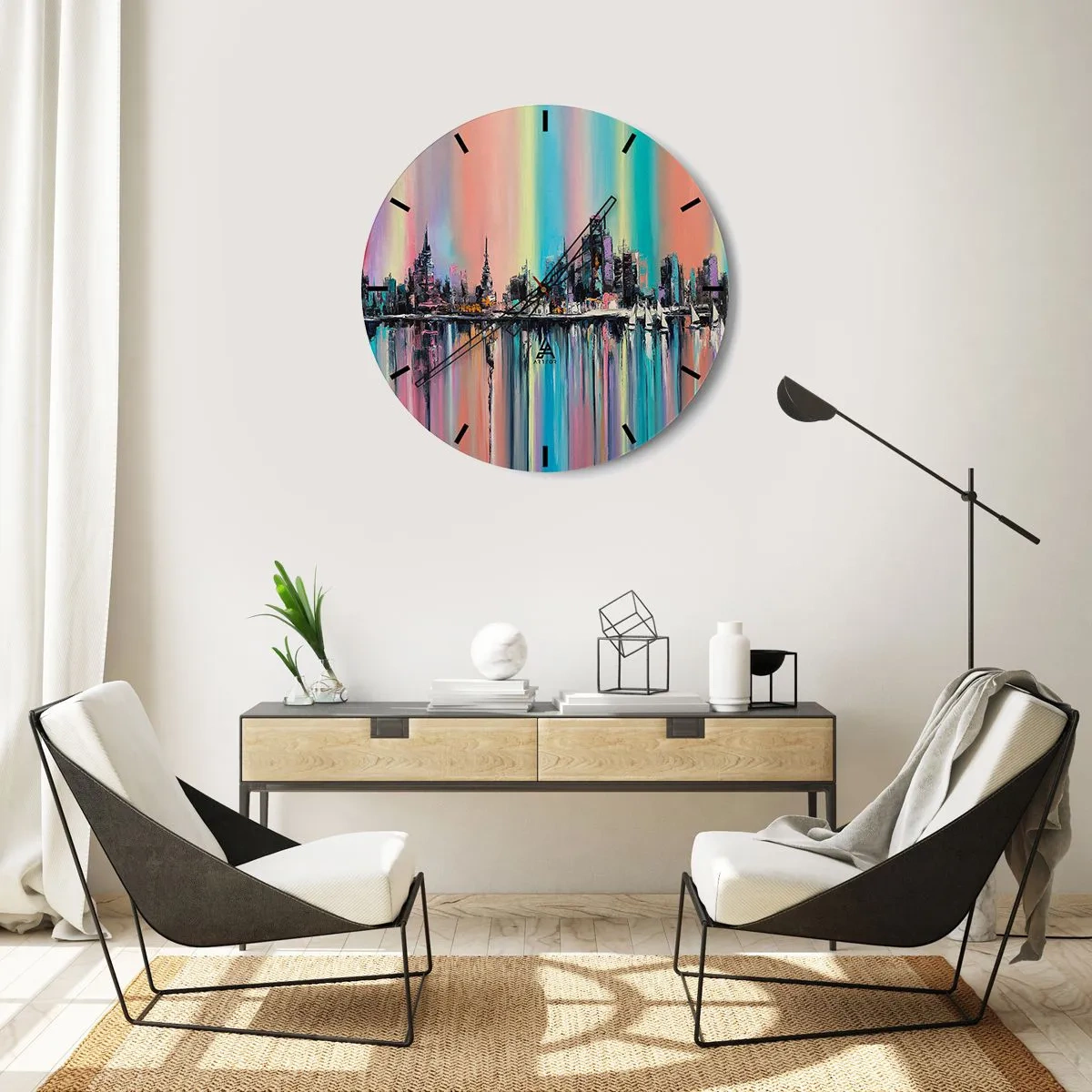 Nástěnné hodiny - Barevné panorama města odrážející se ve vodě - 30x30cm - Noční proud světla - Moderní nástěnná dekorace do obývacího pokoje, kuchyně a ložnice ARTTOR
