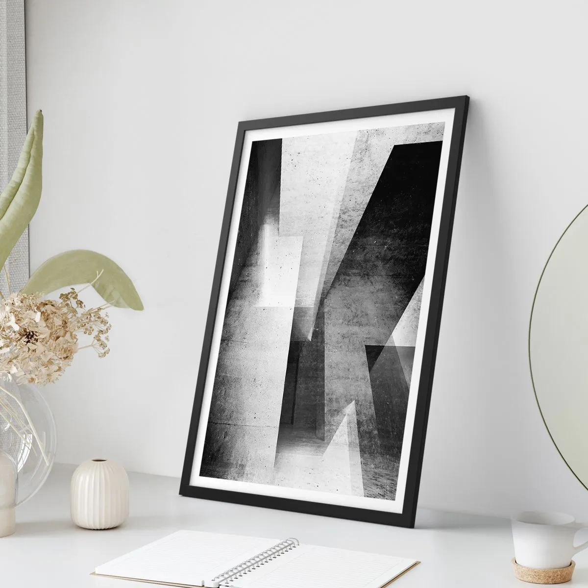 Plakát v černém rámu - Geometrická abstrakce v černé a bílé - 50x70cm - Struktura prostoru - Moderní nástěnná dekorace do obývacího pokoje a ložnice ARTTOR