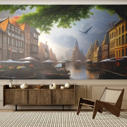 Fototapeta Premium Sand - Nizozemská městská krajinka - Staré Město, Lodě, Kanál - 100x70 cm