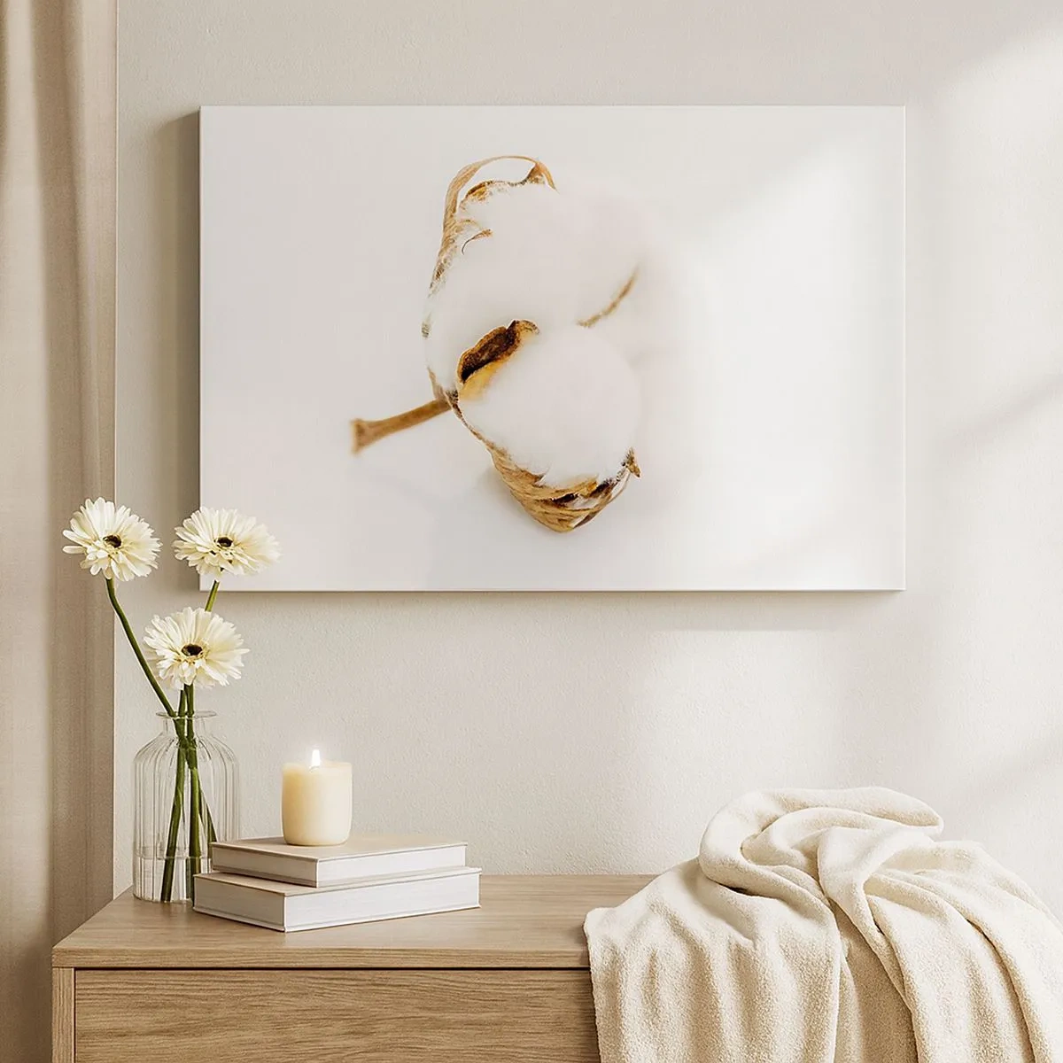 Obraz na plátně - Větev bavlny na světlém pozadí v minimalistickém pojetí - 70x50cm - Měkká od přírody - Moderní nástěnná dekorace do obývacího pokoje a ložnice ARTTOR