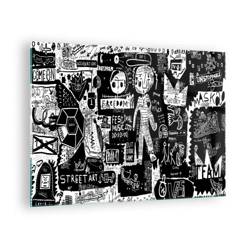 Obraz na skle - Černobílá grafika ve stylu pouličního umění se znaky a symboly - 70x50cm - Práva a radosti duševního mládí - Moderní nástěnná dekorace do obývacího pokoje a ložnice ARTTOR