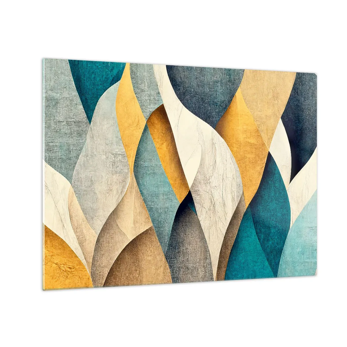 Obraz na skle - Abstraktní tvary v odstínech žluté a modré - 70x50cm - Rytmus a vlnění - Moderní nástěnná dekorace do obývacího pokoje a ložnice ARTTOR