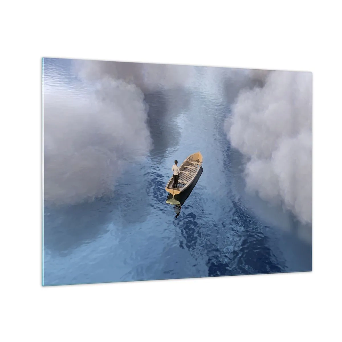 Obraz na skle - Muž v lodi plující po vodě mezi mraky - 70x50cm - Život – cesta – nejistota - Moderní nástěnná dekorace do obývacího pokoje a ložnice ARTTOR