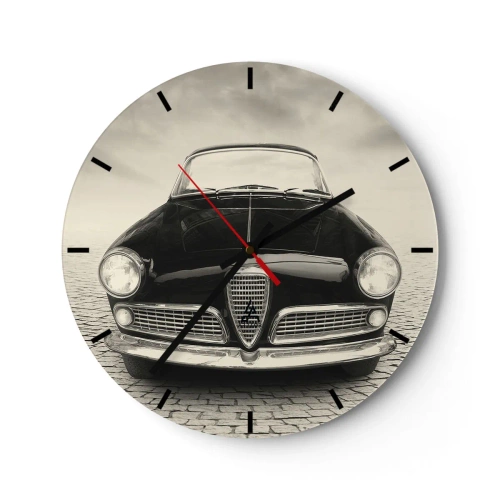Nástěnné hodiny - Přední část klasického retro vozu na dlážděné silnici - 30x30cm - Jak mě nemilovat? - Moderní nástěnná dekorace do obývacího pokoje, kuchyně a ložnice ARTTOR
