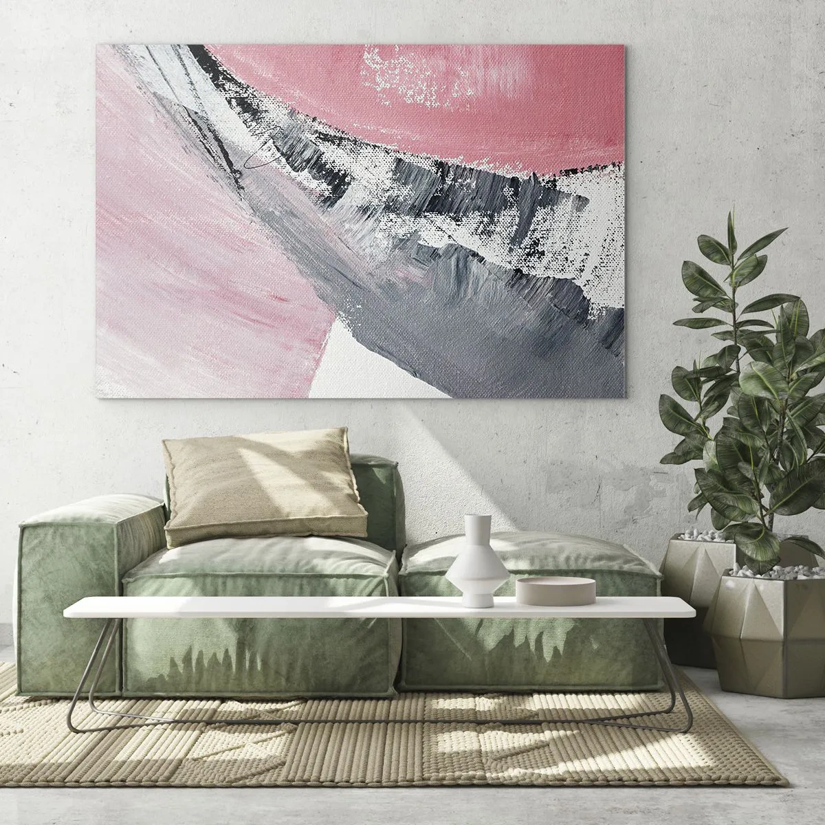 Obraz na skle - Moderní abstrakce v růžové, bílé a šedé barvě s texturou tahů štětcem - 70x50cm - Sladěná kompozice - Moderní nástěnná dekorace do obývacího pokoje a ložnice ARTTOR