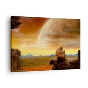 Obraz na plátně - Opice sedící na skále v surrealistické krajině s obří planetou - 70x50cm - Láska je všude stejná - Moderní nástěnná dekorace do obývacího pokoje a ložnice ARTTOR