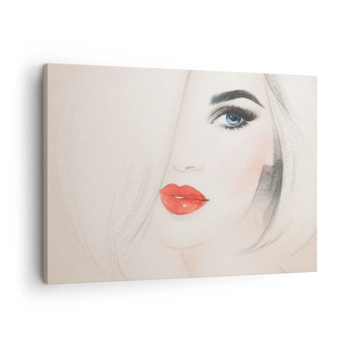 Obraz na plátně - Minimalistický portrét ženy s modrýma očima a rudými rty. - 70x50cm - Hypnotizuje a omamuje - Moderní nástěnná dekorace do obývacího pokoje a ložnice ARTTOR