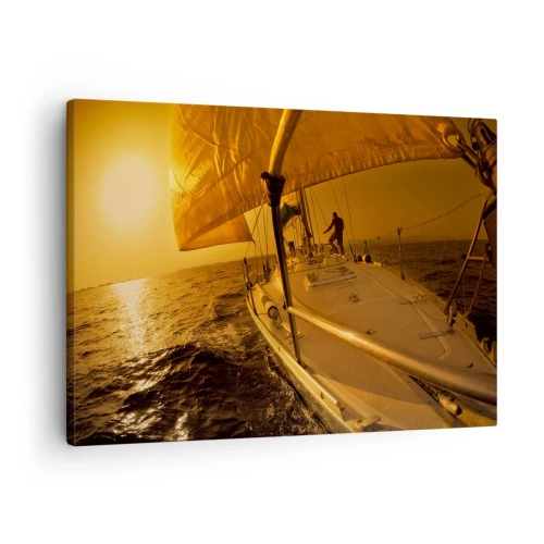 Obraz na plátně - Plachetnice na moři při západu slunce, zlatá záře. - 70x50cm - Zlatý večer po vícebarevném dni - Moderní nástěnná dekorace do obývacího pokoje a ložnice ARTTOR