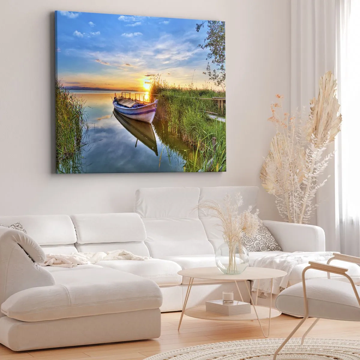 Obraz na plátně - Loď v klidné zátoce při západu slunce - 70x50cm - Zátoka splněných snů - Moderní nástěnná dekorace do obývacího pokoje a ložnice ARTTOR