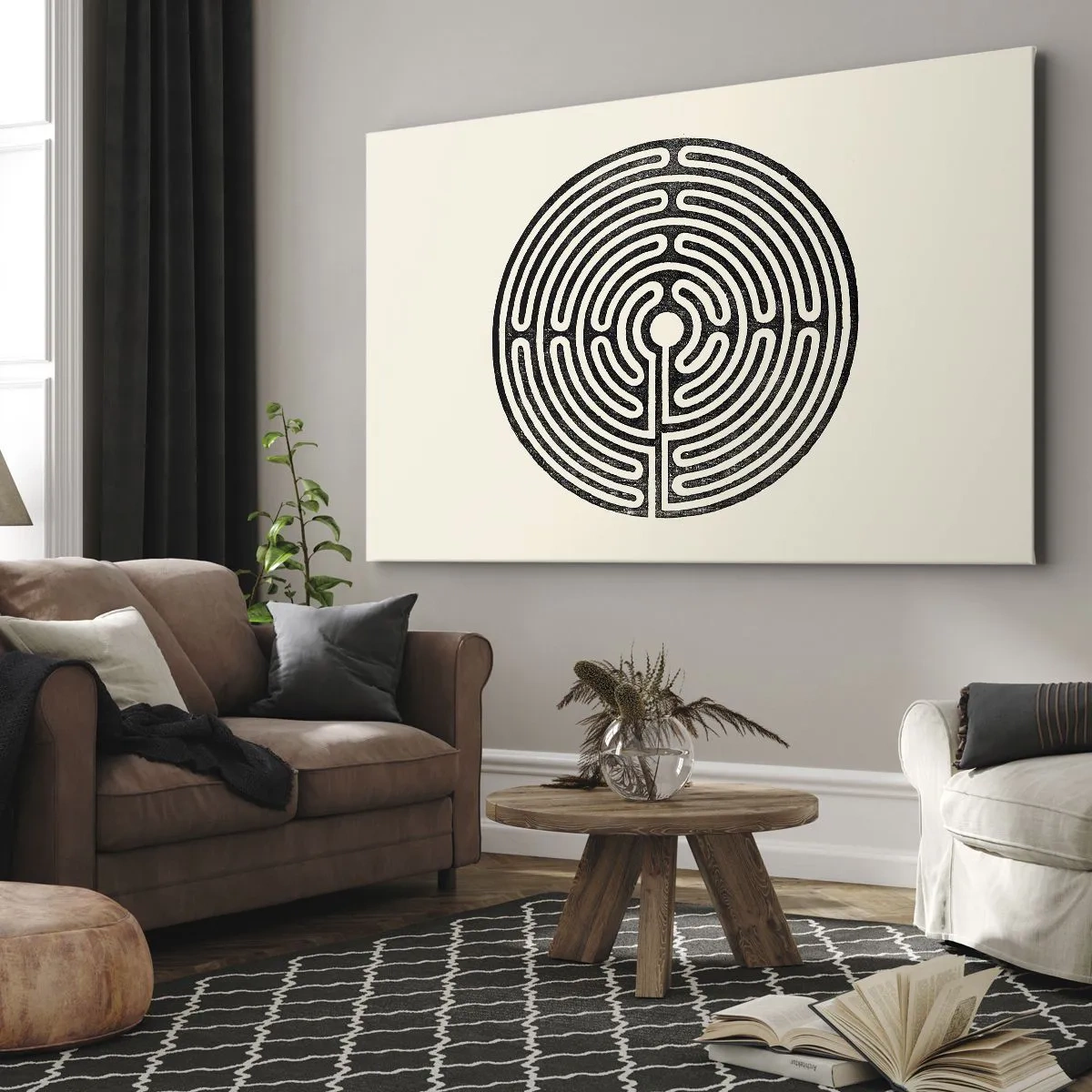 Obraz na plátně - Černobílé kruhové bludiště na světlém pozadí - 70x50cm - Tajemný řád - Moderní nástěnná dekorace do obývacího pokoje a ložnice ARTTOR