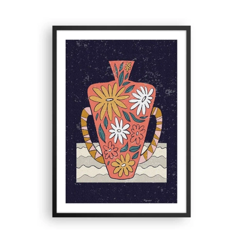 Plakát v černém rámu - Barevná váza s květinovým vzorem na tmavém pozadí - 50x70cm - Malovaný džbán - Moderní nástěnná dekorace do obývacího pokoje a ložnice ARTTOR