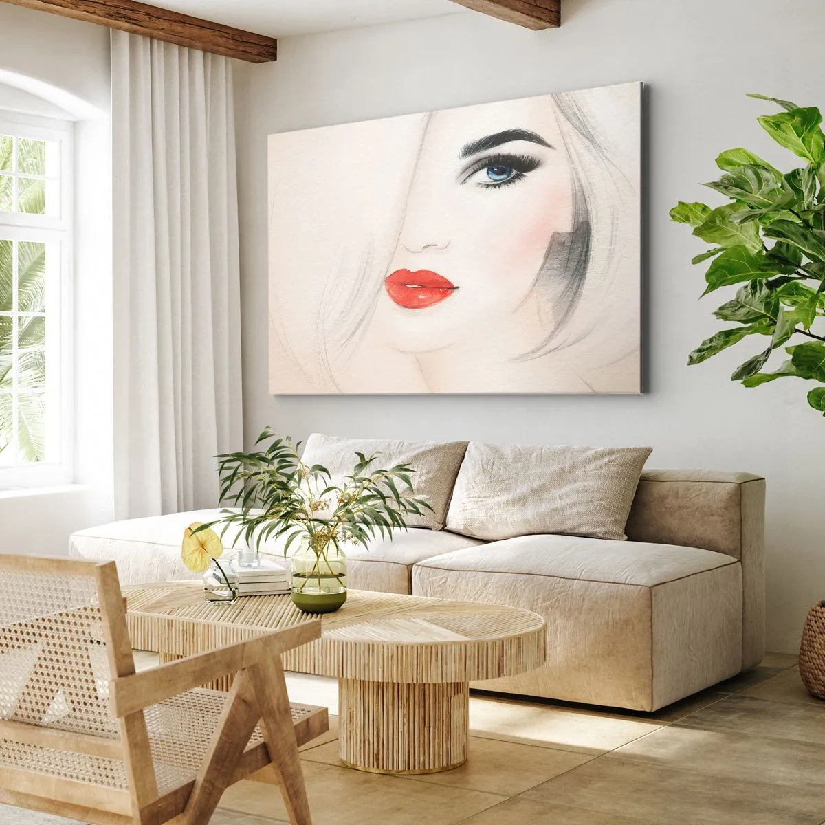 Obraz na plátně - Minimalistický portrét ženy s modrýma očima a rudými rty. - 70x50cm - Hypnotizuje a omamuje - Moderní nástěnná dekorace do obývacího pokoje a ložnice ARTTOR