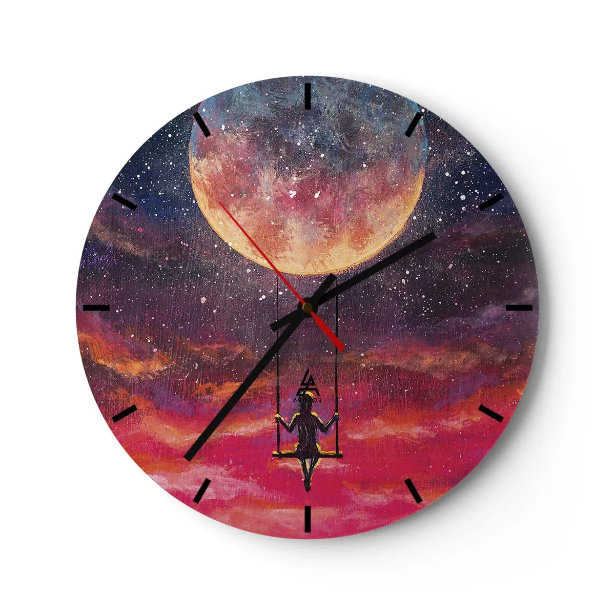 Nástěnné hodiny - Dívka na houpačce zavěšená pod měsícem - 30x30cm - Stavět si vzdušné zámky - Moderní nástěnná dekorace do obývacího pokoje, kuchyně a ložnice ARTTOR