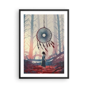 Plakát v černém rámu - Postava v lese s lapačem snů na pastelovém pozadí. - 50x70cm - Tajný rituál štěstí - Moderní nástěnná dekorace do obývacího pokoje a ložnice ARTTOR