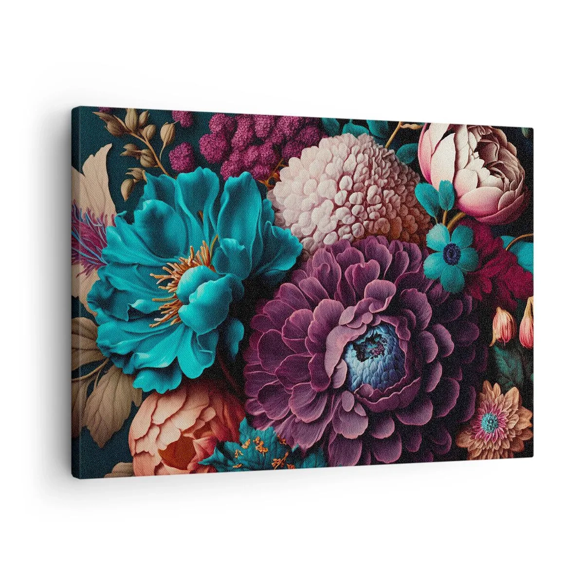 Obraz na plátně - Kytice květin v intenzivních barvách na tmavém pozadí - 70x50cm - Úroda přírody - Moderní nástěnná dekorace do obývacího pokoje a ložnice ARTTOR