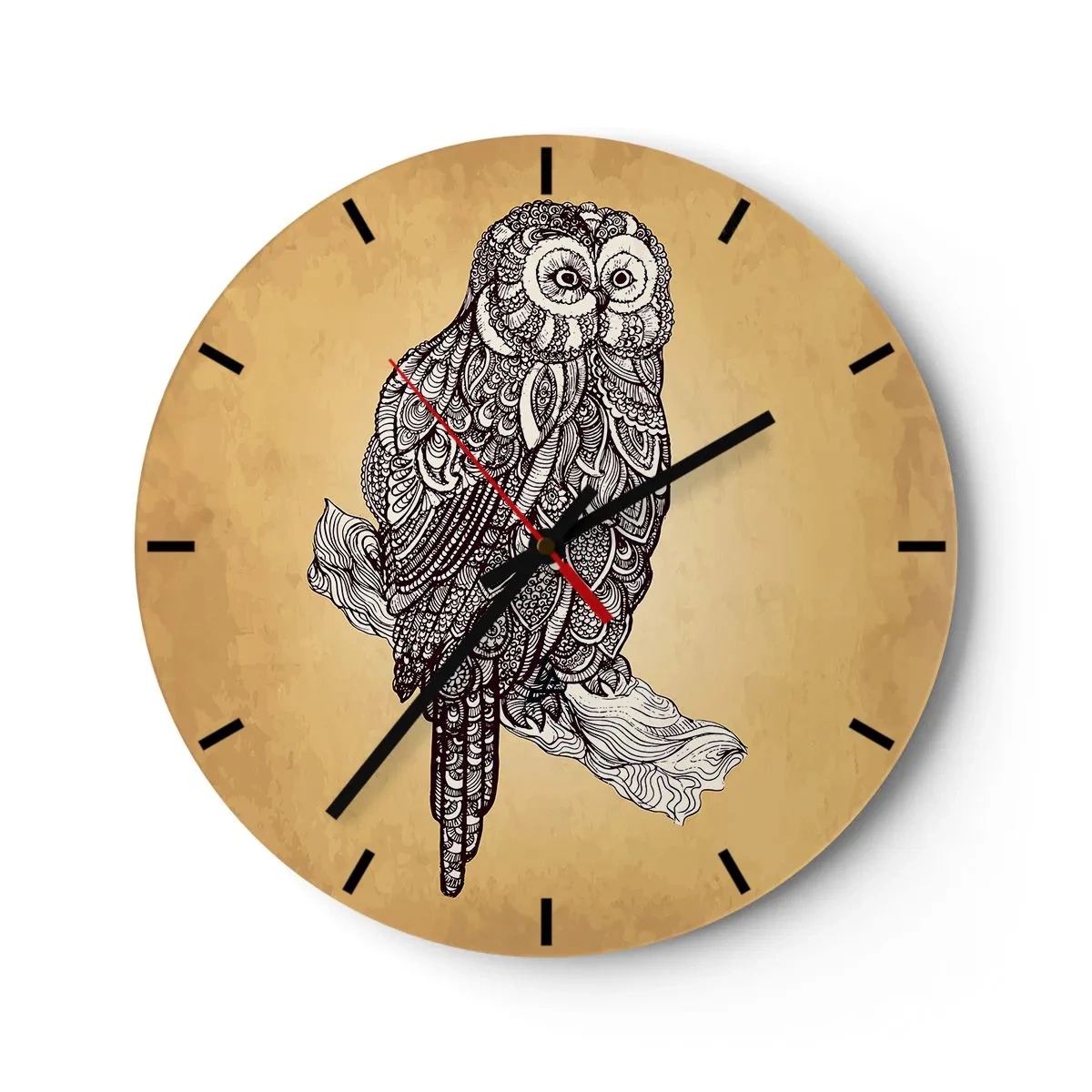 Nástěnné hodiny - Umělecká sova na béžovém pozadí se složitým vzorem - 30x30cm - Mistrovské ornamenty moudrosti - Moderní nástěnná dekorace do obývacího pokoje, kuchyně a ložnice ARTTOR