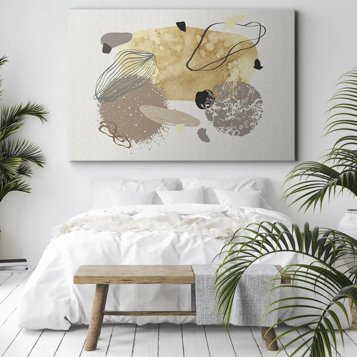 Obraz na plátně - Kompozice abstraktních tvarů v béžové a žluté barvě. - 70x50cm - Abstraktní švestka - Moderní nástěnná dekorace do obývacího pokoje a ložnice ARTTOR